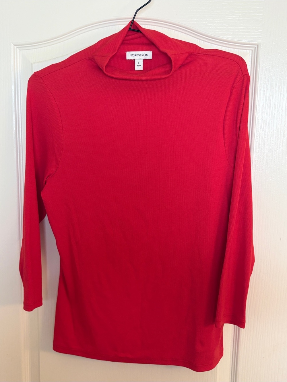 Nordstrom Red Ribbed Mock Neck Top 3/4 Sleeve Pima Cotton Large with Flaws